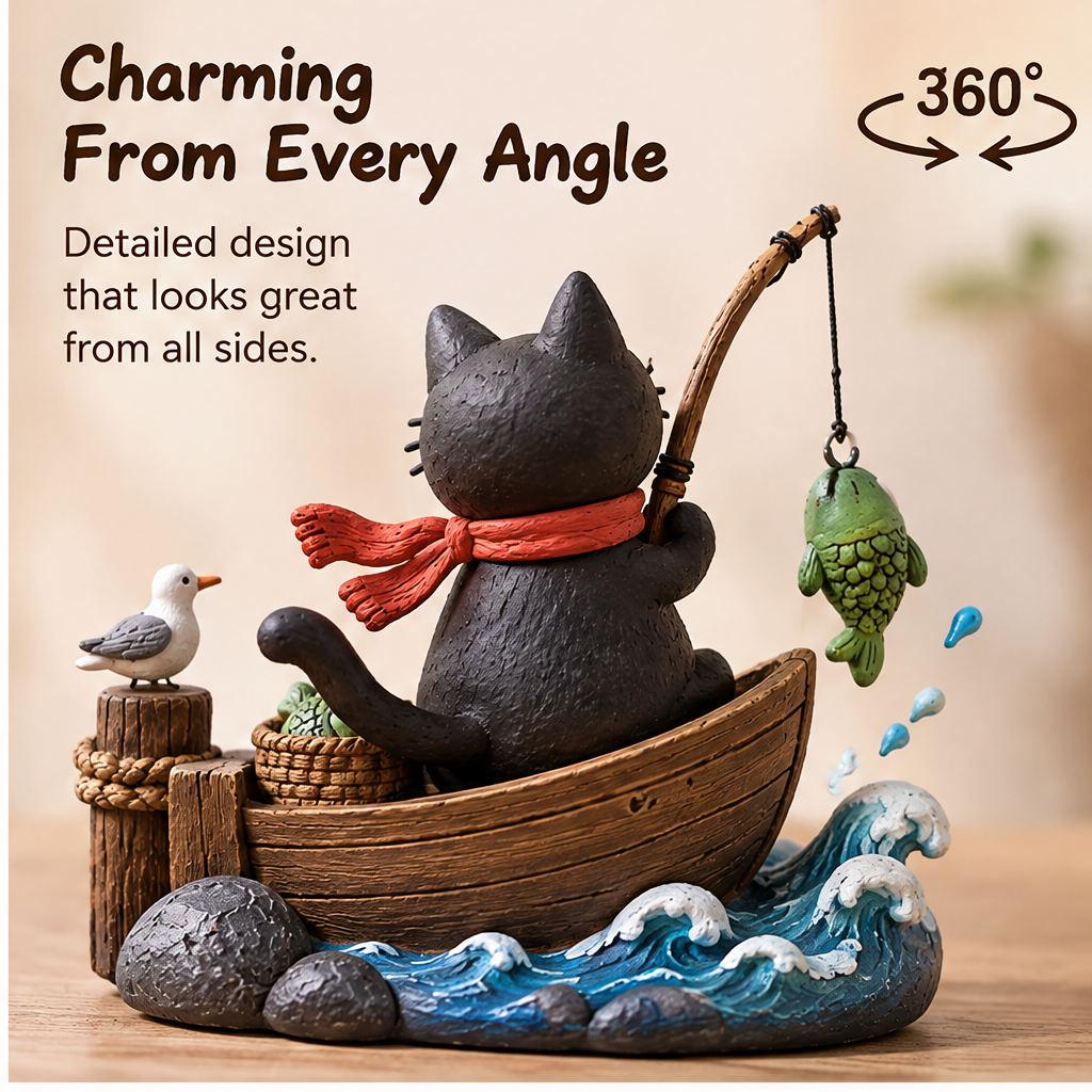 🎏AURTALIS Fishing Cat in Wooden Boat Sculpture