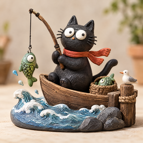 🎏AURTALIS Fishing Cat in Wooden Boat Sculpture